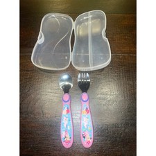 Disney Minnie Mouse Toddler Utensil Set Spoon Fork Travel Case Pink Blue