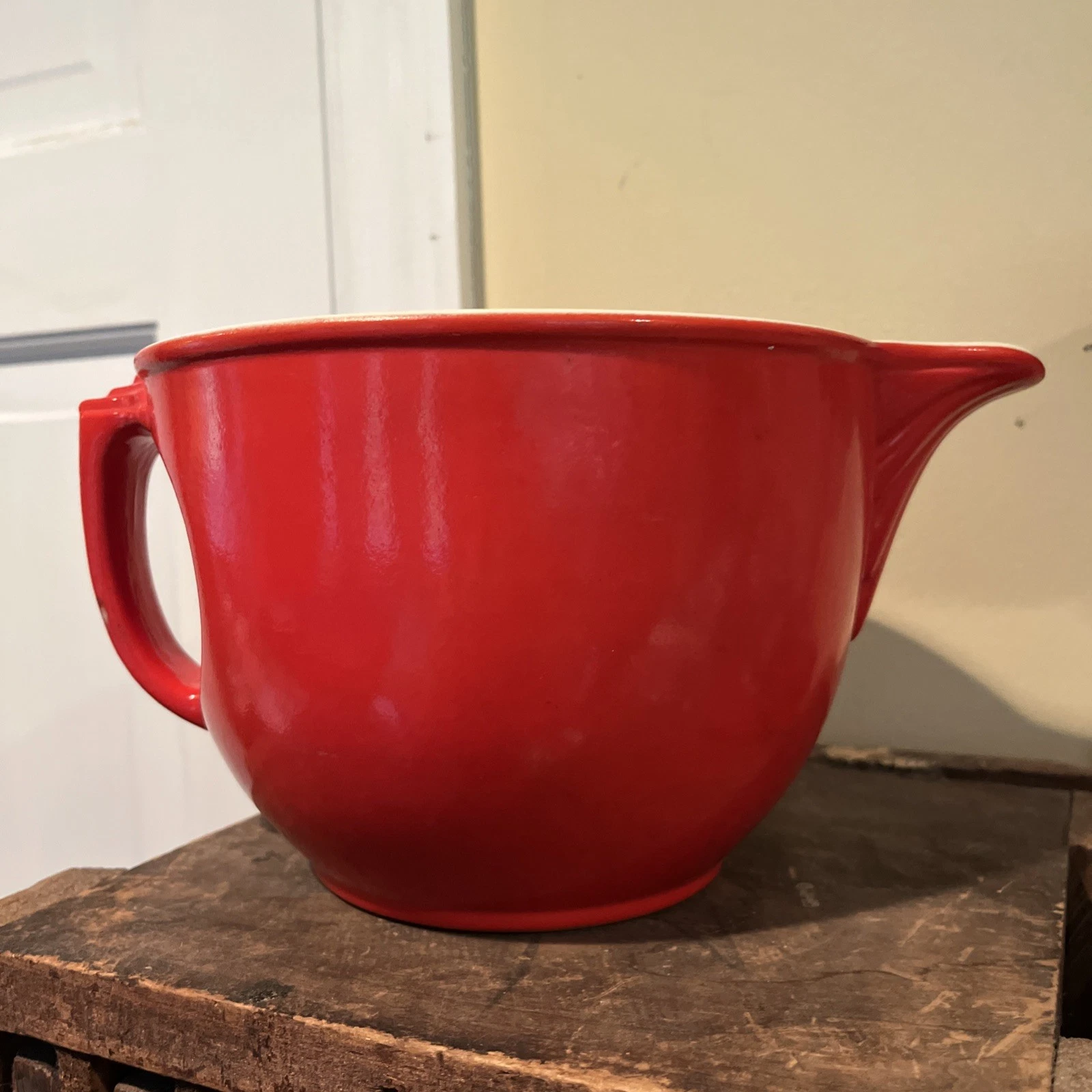 Vintage Hall’s Superior China Red Batter Bowl Spout Handle Mixing 1940s