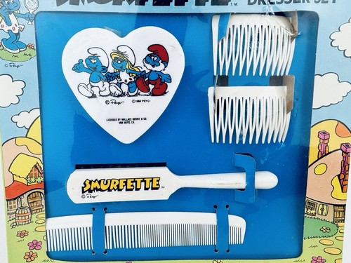 Vintage 1983 Peyo Puffi 5 Pezzi Comò Set Spazzola 1984 ARC Puffi Leggi! - Foto 7 di 15