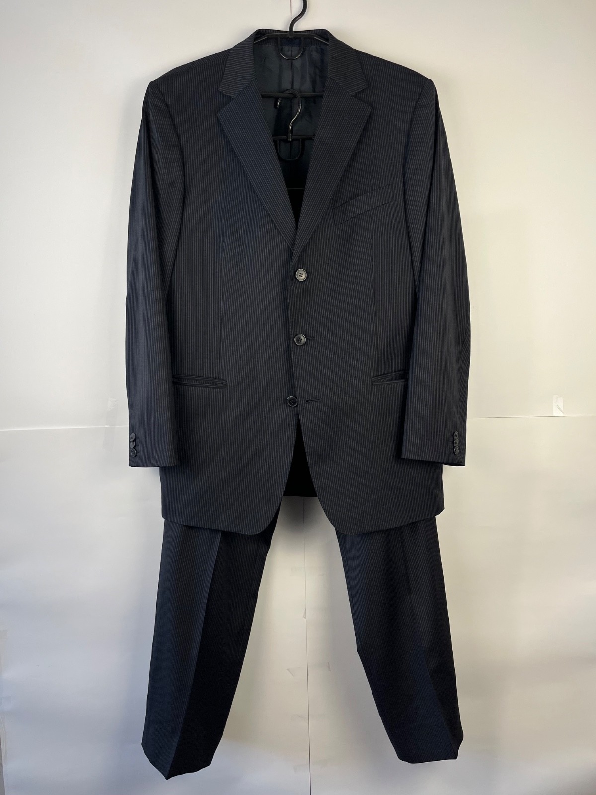 Z Zegna City Luxury Men's Dark Blue Wool Stripped Suit Made in Italy Size 52R