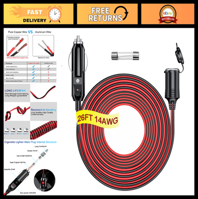 #ad #ad 26FT Heavy Duty 12V 24V Cigarette Lighter Extension Cord with LED Light amp; Spare $37.99