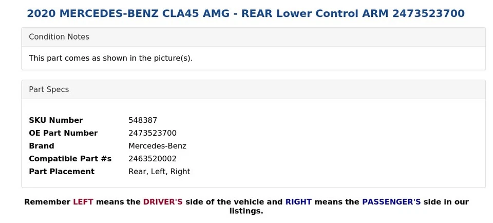 Mercedes-Benz CLA45 AMG 2020 - brazo de control inferior trasero 2473523700 Foto 4 de 4