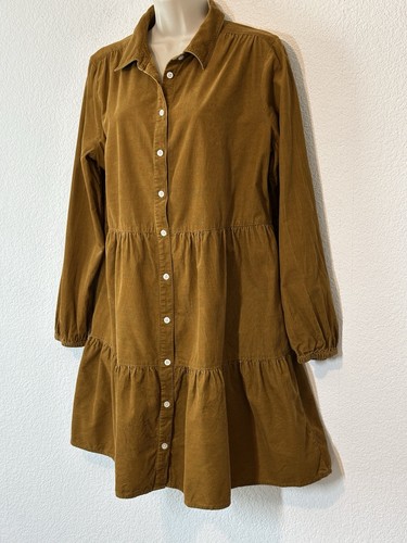 J Crew Corduroy Collared Tiered Shirtdress Brown Preppy Sz 12 Boho Cottagecore - Picture 4 of 10