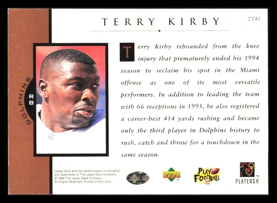 1996 Upper Deck Team Trio #TT41 Terry Kirby Football Card - Image 2 of 2