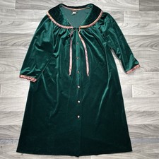 Vintage ARIA Velvet Housecoat Robe Womens M Green Over Coat Cottage 70s