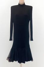 VTG Emanual Ungaro Blk Rib Knit Polka Dot Netting Back Ruffle Hem Dress M EUC