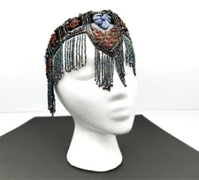 Vintage 1930s Egyptian Revival Beaded Flapper Headdress Velvet & Lace ORIGINAL