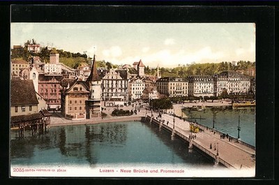 Luzern, Promenade und Neue Brücke mit Strassenbahn, Ansichtskarte 