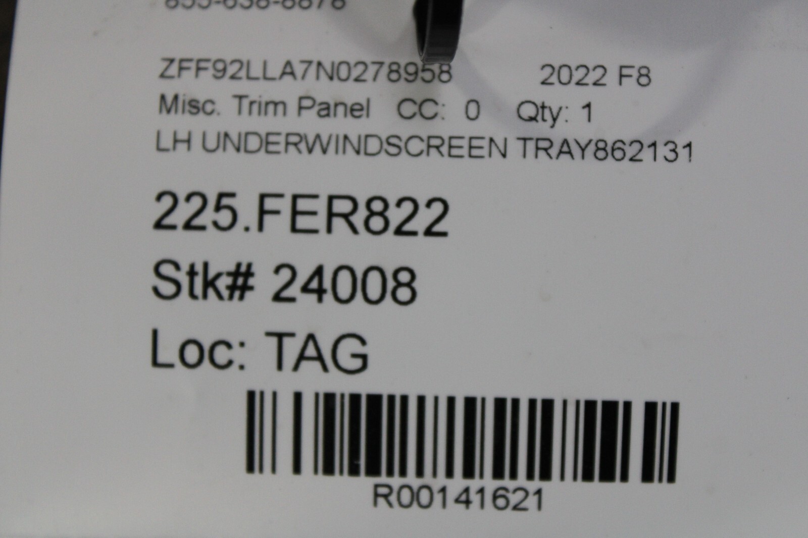 Ferrari F8 Tributo, LH, Left, Under Windshield Trim Panel Used, P/N 862131