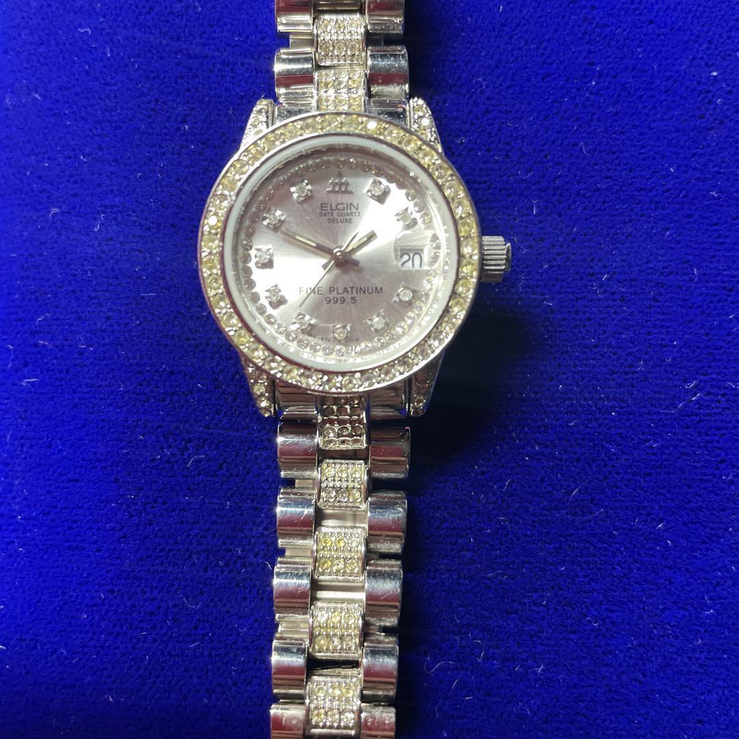 Elgin Platinum Quartz Ladies Watch, Diamond Accent, Silver Dial 