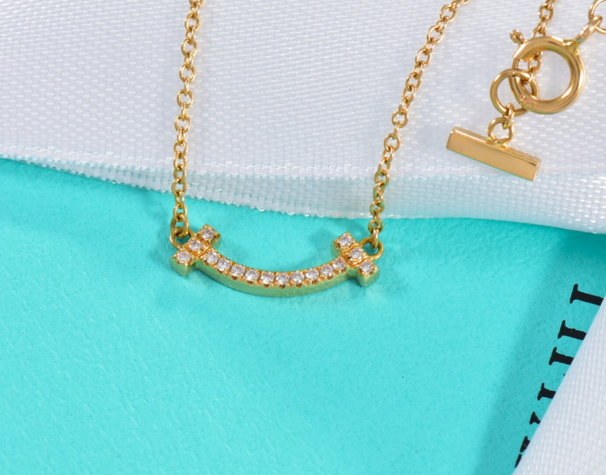 Tiffany & Co Diamond 18K Yellow Gold T Smile Pendant Necklace in