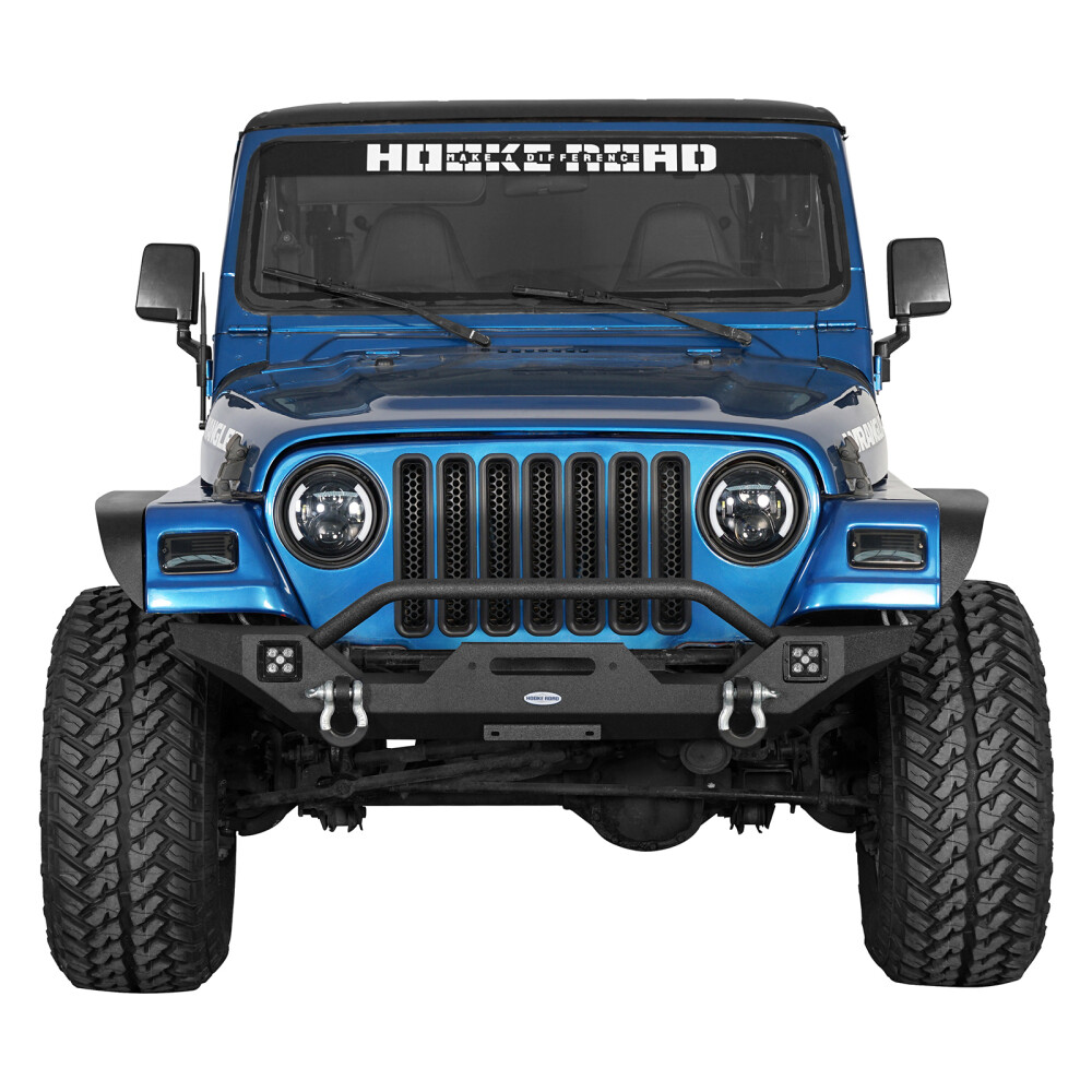 Hooke Road Steel Front Bumper Winch Plate LED Lights For 97-06 Jeep Wrangler TJ 