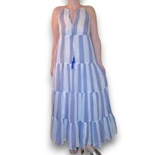 OLIPHANT Long Tiered Tassel Dress Blue White