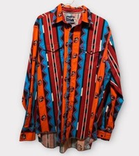 Vintage 80s 90s Wrangler Cowboy Western Pearl Snap Aztec Print Long Sleeved