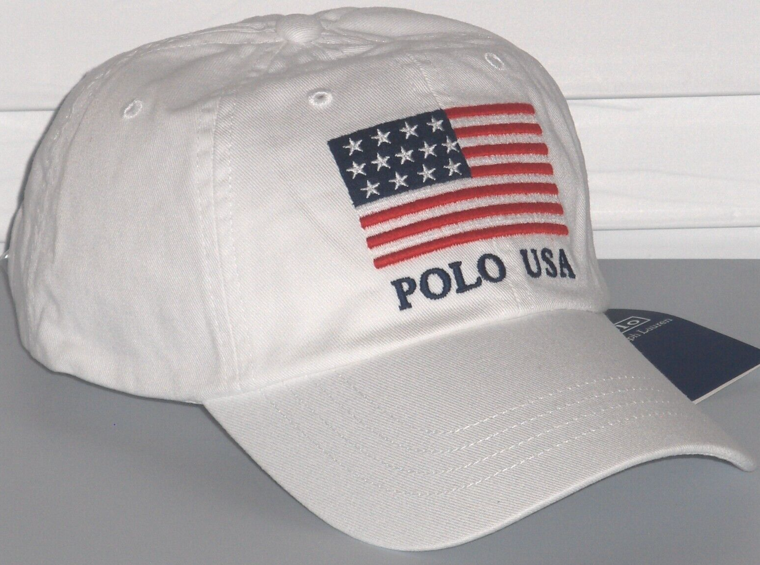 POLO RALPH LAUREN Cappello Berretto Uomo RICAMATO BANDIERA USA Pony Baseball Ball BIANCO