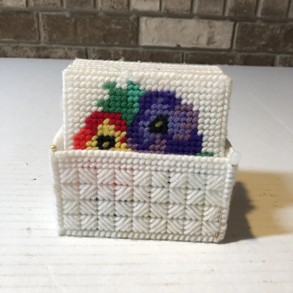 Handmade Coasters Plastic Canvas Needlepoint Stitching w/Box Flowers KGR - Image 2 of 4