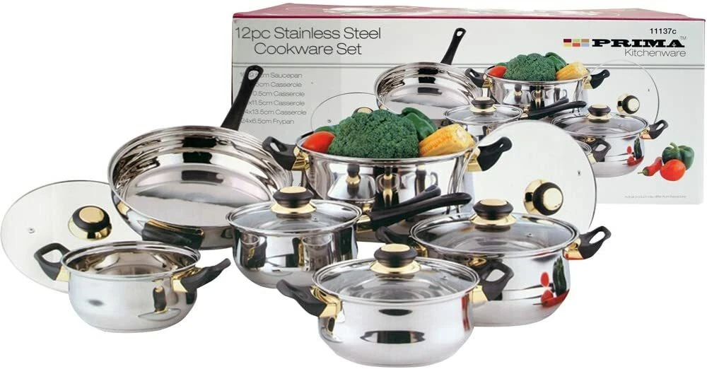 PRIME 12Pcs Stainless Steel Cookware Set | Saucepan Pans | Pots - With Glass Lid