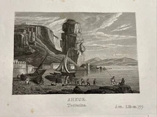 Anxur Terracina Antique Steel Engraving Picture 1858 Mediterranean Panoramic ...