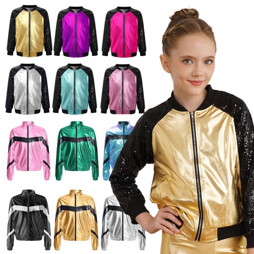 Girls Metallic Sequin Bomber Jacket Coat Hip Hop Jazz Disco Dance Top Outerwear - Picture 2 of 96