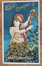 Victorian Trade Card Estey Organs Brattleboro VT EW Yerrington Norwich CT Harp