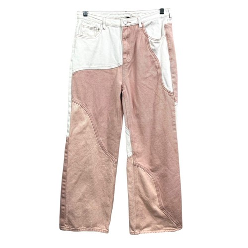 Cider Womens Patchwork Wide Leg Jeans Retro Y2K Two Tone Pink White Size L