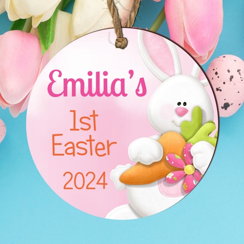 Personalised 1st First Easter Wooden Bauble Baby Girl Bunny Decoration Pink Gift - Picture 5 of 16