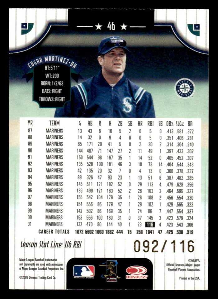 2002 Donruss #46 Edgar Martinez Stat Line Season #/116 - Image 2 of 2