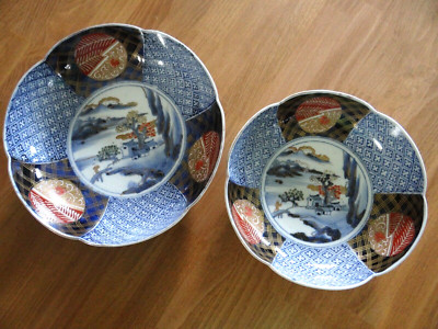 Set of Early 20th Century Japanese Imari bowl Fuku Mark Landscape Hand Painted