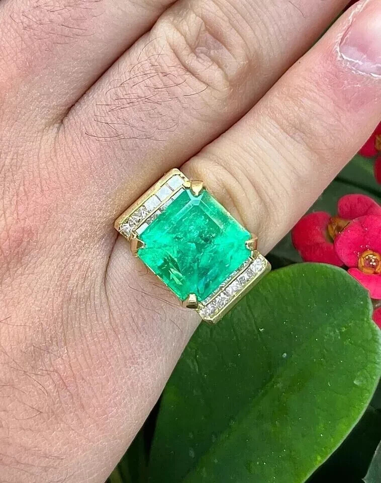 14K Yellow Gold Plated 5 Ct Ascher Cut LabCreated Emerald Men's