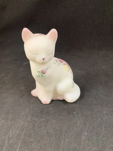 Vintage Fenton Hand Painted Iridescent Glass Cat Figurine Signed S Johnson