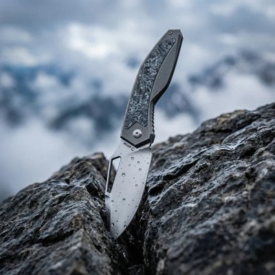 Artisan Fragarach Folding Knife 3.75'' S90V Steel Blade Gray Titanium/CF Handle