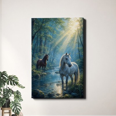 Misty Forest Creek Horses Poster Print Sunbeams Woodland Scene