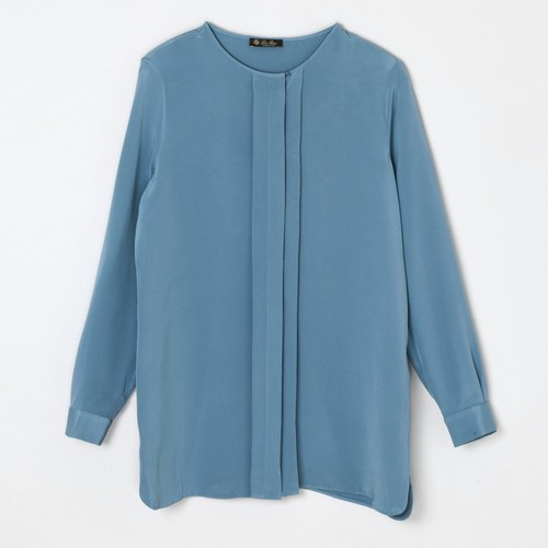 Loro Piana Muted Blue Silk Pleated Placket Button Up Blouse Shirt IT42