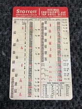 Vintage STARRETT Tap Drill Size Decimal Equivalent Pocket Card Chart Advertising