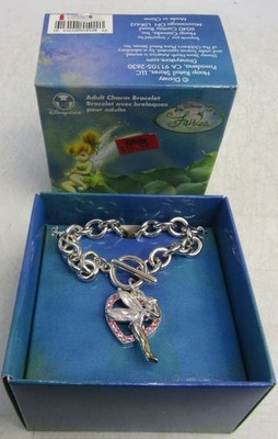 Vintage Disney Faries Tinkerbell Silver-Tone Charm Bracelet with Heart Accent.
