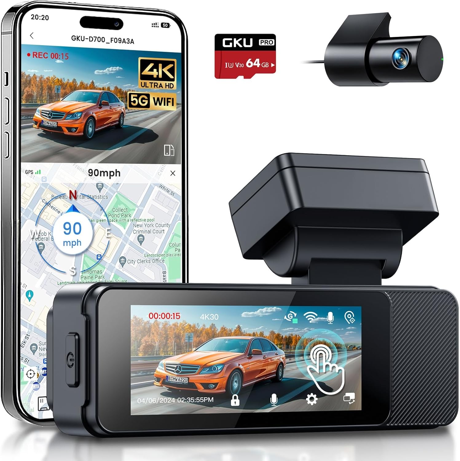 GKU 4K Dash Cam Front and Rear, 5Ghz Wi-Fi Dashcam with 3.18'' Touchscreen, GPS