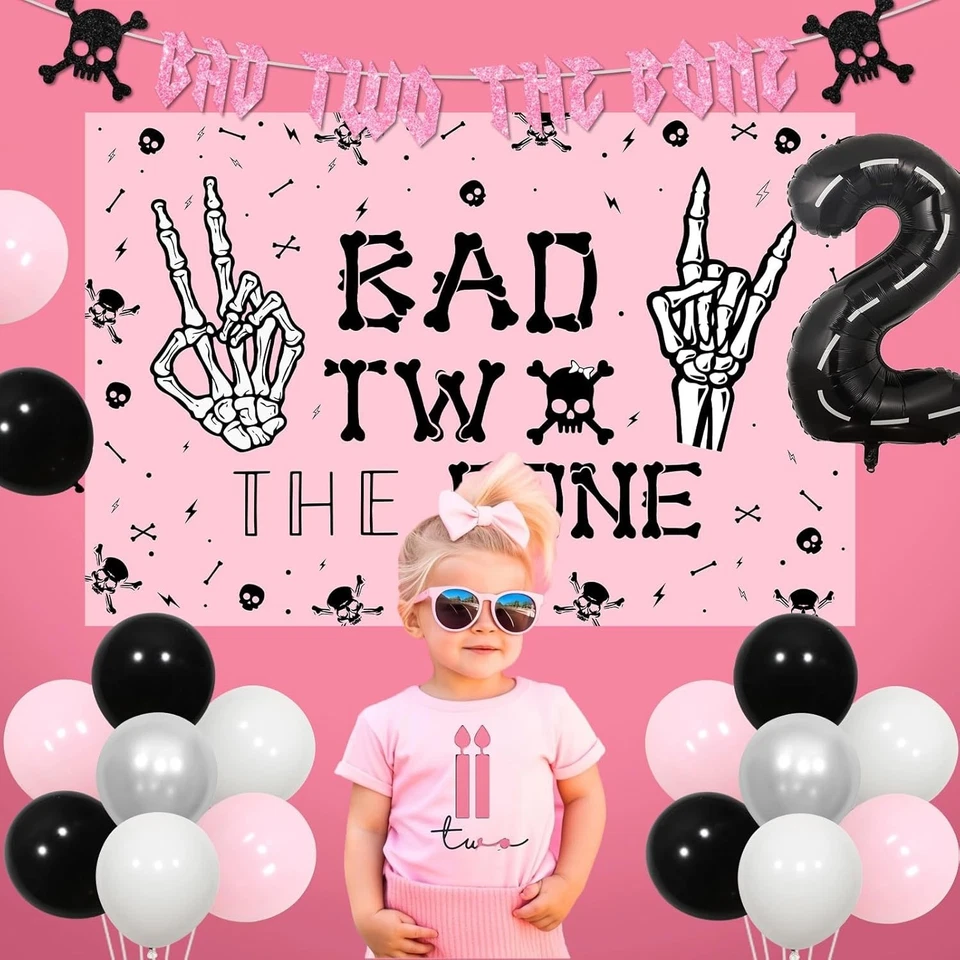 Decoraciones de cumpleaños rosa vibrante Bad Two the Bone - perfectas para un 2--viejo Foto 4 de 4