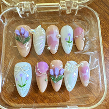 3D Long Almond Press-On Nails Full Cover Pre-Designed Nude White Purple Flower