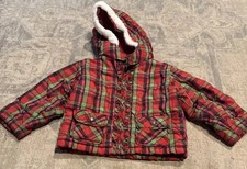 BABY GAP Ruffle Front Zip Red Green Check Jacket Coat W Hood Size 3 Years