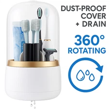Toothbrush Holder with Cover 360 Rotating 7 Slot Bathroom Organizer with Drain
