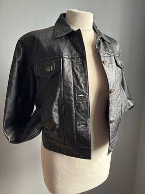 Vintage Leather Trucker Jacket 10 Denim Style Distress Short Real HUDSON