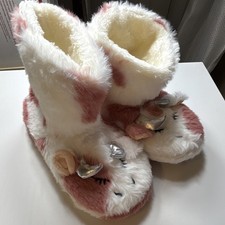 Girls Unicorn Faux Fur Bow Bootie Slippers Slip On Cushioned Pink White 11-12
