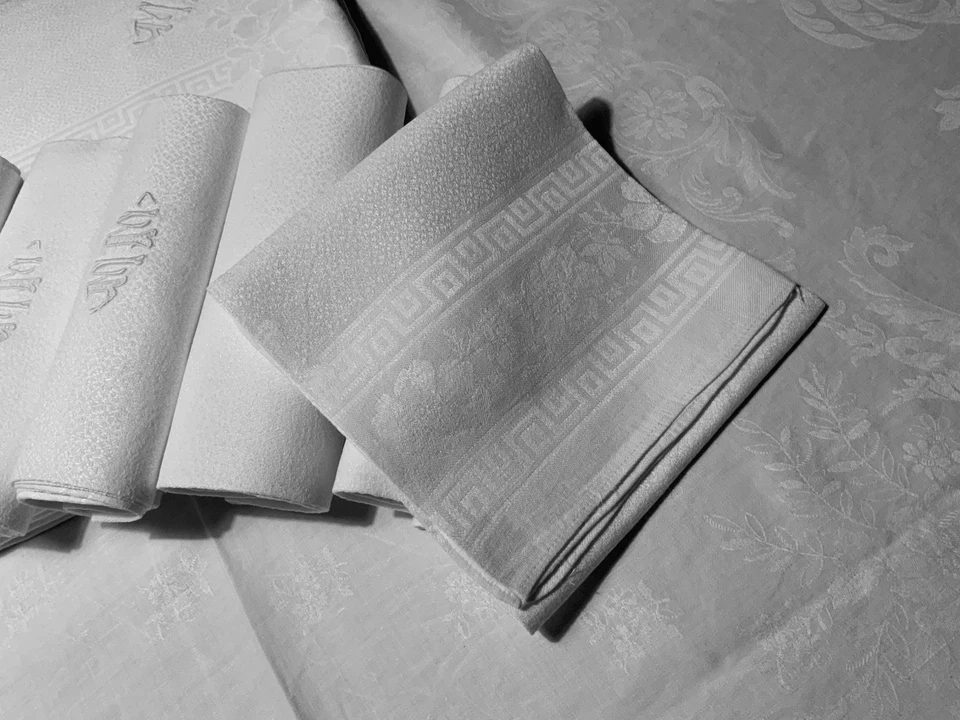 linge ancien Nappe  DE MARIAGE Damassé Soie Double Monogrammes M M - Photo 4/4