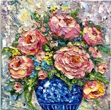 ORIGINAL Painting  OIL impasto "ROSES IN BLUE VASE"  8"x8" by Olga Diduh