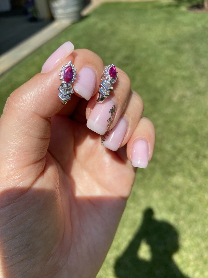 Estate Synthetic Ruby White Quartz 10K Gold Fancy J Hoop Earrings - Image 2 of 4