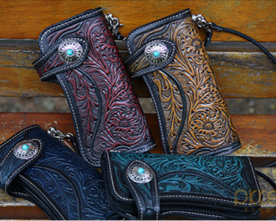 Biker Long Wallet Genuine Leather Native Design Rider Mens Chain Purse