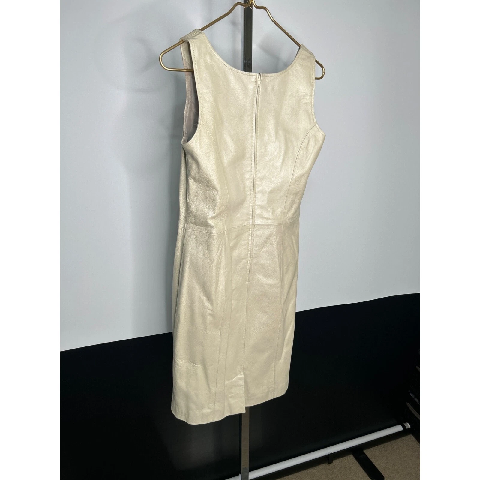 OFF WHITE Bagatelle abito pelle donna taglia 6 panna bianco sporco senza maniche zip schiena gl