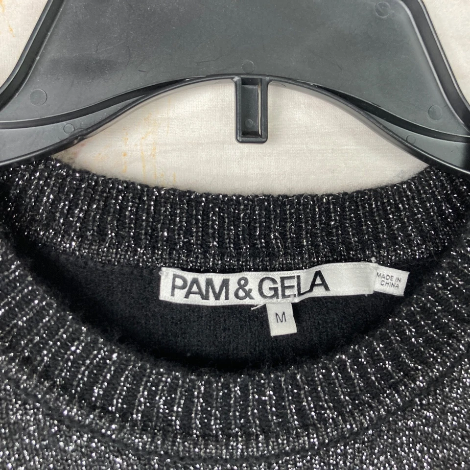 Vestido Pam & Gela Para Mujer M Negro Brillo Mini Suéter Manga Larga Cuello Redondo Tejido Foto 3 de 4