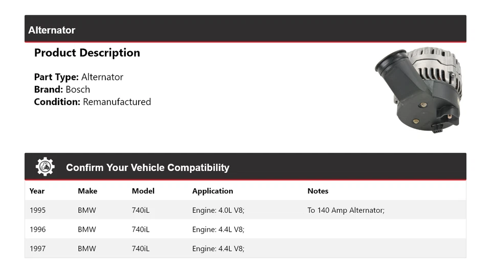 Alternador Bosch para BMW 740iL 1995-1997 (remanufacturado) 1996 Foto 2 de 4