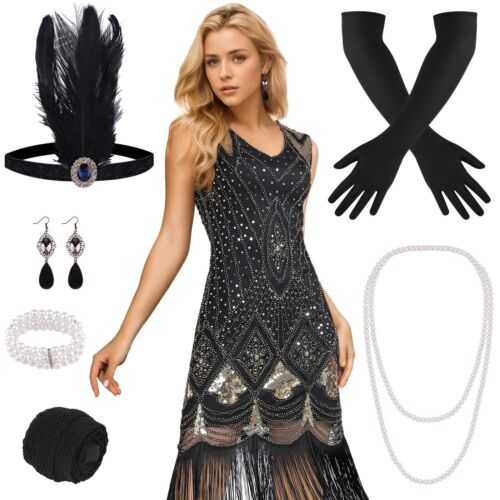 PLULON 1920s Flapper Dress Roaring 20s Gatsby Dress Costume with 20s Accessories - Photo 1/5